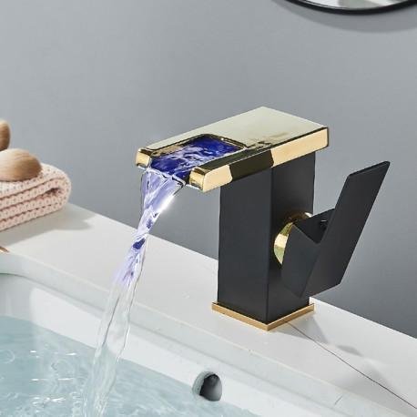 Baterie chiuveta baie, Blackswan, Tip M194, model negru/ auriu scurt cu pipa tip cascada si LED, dimensiune 12.5 cm