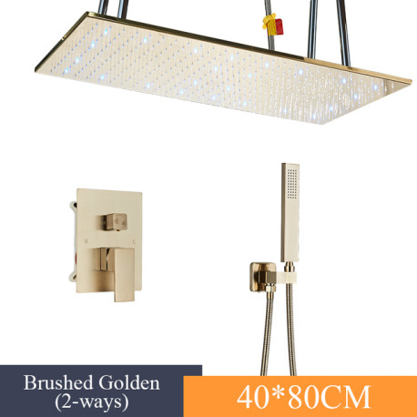 Set baterie dus, Blackswan, Tip M200, model auriu mat, montare tavan, cu 2 cai, cap de dus cu LED si 2 moduri, dimensiune 80 cm