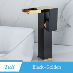 Baterie chiuveta baie, Blackswan, Tip M242, model negru/ auriu inalt cu pipa tip cascada si LED, dimensiune 24 cm