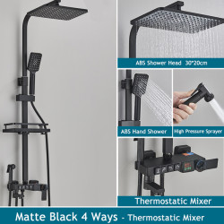 Coloana dus, Blackswan, Tip M203, model negru mat, cu 4 cai, cu termostat, afisaj LCD si dus cu presiune, dimensiune 116 cm