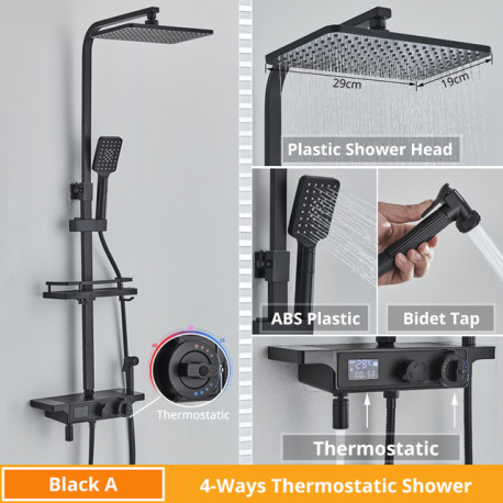 Coloana dus, Blackswan, Tip M212, model negru mat, cu 4 cai, cu termostat si pipa mobila, afisaj LCD si dus cu presiune, 116 cm