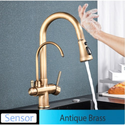 Baterie chiuveta bucatarie, Tip M260, cu senzor si iesire pentru apa purificata si buton pauza, model bronz antichizat, 40 cm