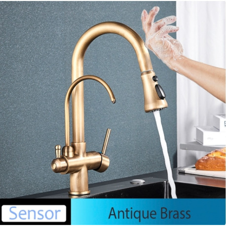 Baterie chiuveta bucatarie, Tip M260, cu senzor si iesire pentru apa purificata si buton pauza, model bronz antichizat, 40 cm