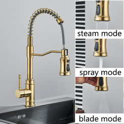 Baterie chiuveta bucatarie, Blackswan, Tip M323, model auriu mat cu 3 moduri si dus retractabil, dimensiune 49 cm