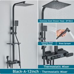 Coloana dus, Tip M245, model negru mat, cu 4 cai, termostat, afisaj LCD, dus cu presiune si pipa mobila ascunsa, 30 cm