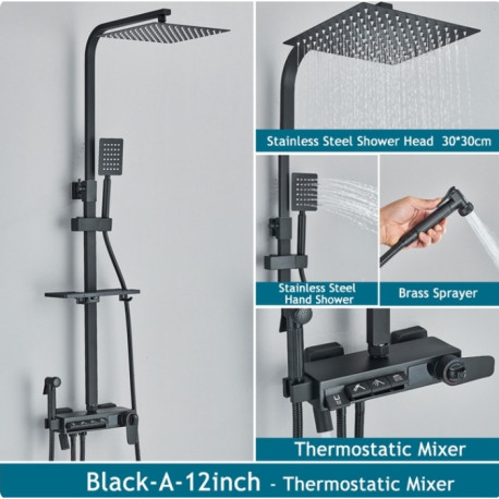Coloana dus, Tip M245, model negru mat, cu 4 cai, termostat, afisaj LCD, dus cu presiune si pipa mobila ascunsa, 30 cm