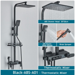 Coloana dus, Tip M246, model negru mat, cu 4 cai, termostat, afisaj LCD, dus cu presiune si pipa mobila ascunsa, 30 x 20 cm