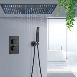 Set baterie dus, Blackswan, Tip M264, model negru mat, cu 2 cai, iluminare LED, termostat si montare pe tavan, dimensiune 80 cm