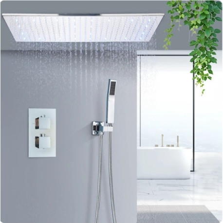 Set baterie dus, Tip M265, model crom lucios, cu 2 cai, iluminare LED, termostat si montare pe tavan, dimensiune 80 cm