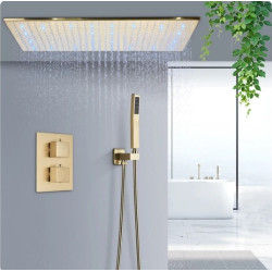 Set baterie dus, Blackswan, Tip M266, model auriu mat, cu 2 cai, iluminare LED, termostat si montare pe tavan, dimensiune 80 cm