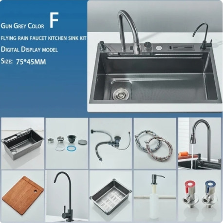 Set chiuveta multifunctionala, Tip F1, model negru, baterii tip cascada si apa purificata, display si suport cutite, 75 x 45 cm