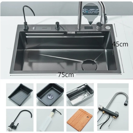 Set chiuveta multifunctionala, Tip D1Y, model negru, baterii tip cascada si apa purificata, display si suport cutite, 75 x 45 cm