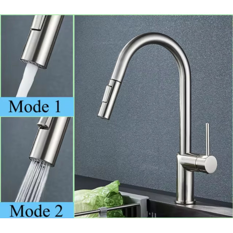 Baterie chiuveta bucatarie, Blackswan, Tip M384 cu 2 moduri si dus extractibil, model nichel, dimensiune 39 cm