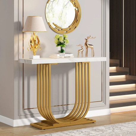 Masa Decor Living/ Hol, Model Baselli alb/ auriu, imitatie marmura, 100 cm