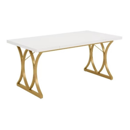 Masa dining Blackswan Design Retriciana, alb/auriu, 160 cm, picioare metalice curbate, blatul lucios
