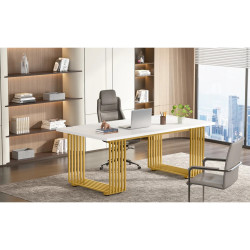 Masa Living/ Dining/ Birou, Model Conference, alb/ auriu lucios, imitatie marmura, 180 cm - BlackSwan Design