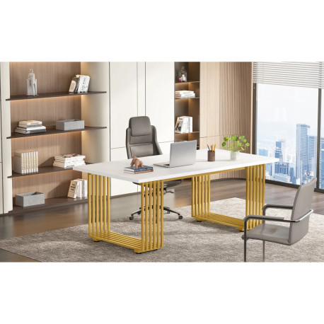 Masa Living/ Dining/ Birou, Model Conference, alb/ auriu lucios, imitatie marmura, 180 cm - BlackSwan Design
