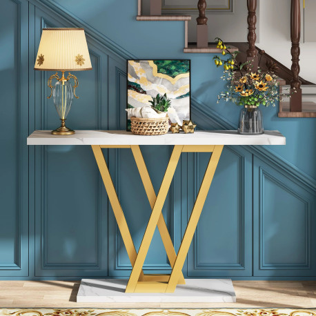 Masa Living/Hol, Blackswan Design V Leg, imitatie marmura alba/auriu, 110x30x80 cm