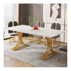 Masa Living/ Dining/ Birou, Blackswan Design/ Model Vento, alb/ auriu lucios, imitatie marmura, 160x80x75 cm