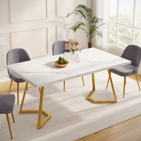 Masa Living/ Dining/ Birou, Blackswan Design/ Model Siena, alb/ auriu lucios, imitatie marmura, 140x80x75 cm