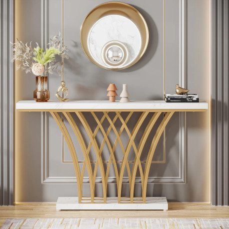 Masa Decor Living/ Hol, Blackswan Design Model Lumia, alb/ auriu, imitatie marmura, 150x30x80 cm