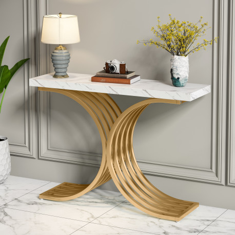 Masă Consolă, Blackswan Design Marbella, alb/auriu, 105x30x80 cm, efect marmură, structură metalică