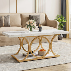 Masa Living/ Dining/ Birou, Blackswan Design/ Model Ronda, alb/ auriu lucios, imitatie marmura, 118x56.5x48 cm