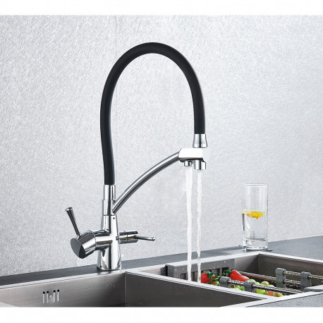 Baterie chiuveta bucatarie, Blackswan, Tip M55 cu iesire pentru apa purificata, model crom/ negru, dimensiune 43 cm