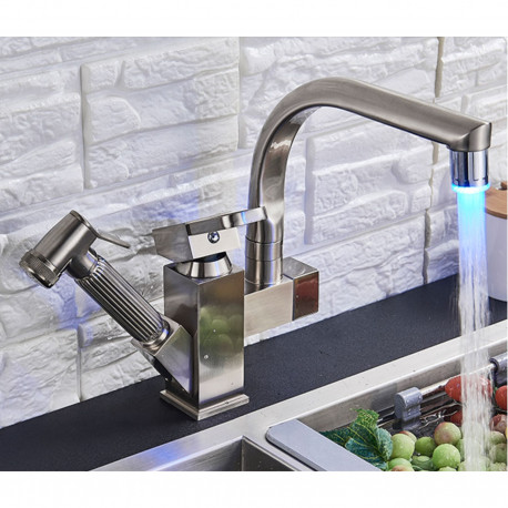 Baterie chiuveta bucatarie, Blackswan, Tip M183, cu LED si dus, model nichel mat, dimensiune 25 cm