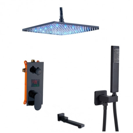 Set baterie dus, Blackswan, Tip M3.19 LED, model negru mat cu pipa swivel, dimensiune 30 cm