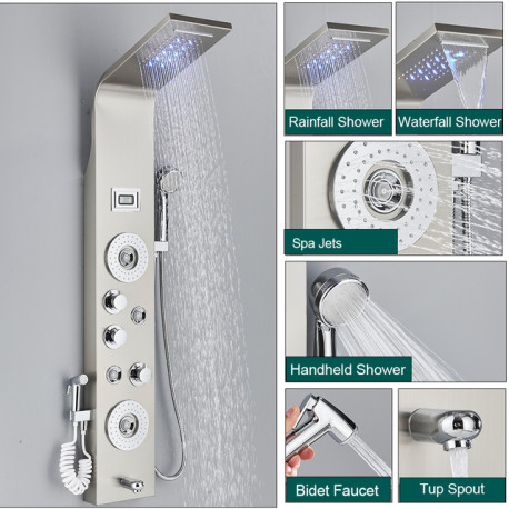 Panel dus, Blackswan, Tip M8006, model nichel cu pipa, afisaj digital, LED si functii SPA, dus bideu, dimensiune 120 cm