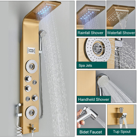 Panel dus, Blackswan, Tip M8007, model auriu cu pipa, afisaj digital, LED si functii SPA, dus bideu, dimensiune 120 cm