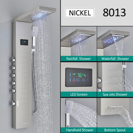 Panel dus, Blackswan, Tip M8013, model nichel cu pipa tip cascada, afisaj digital, LED si functii SPA, dimensiune 114 cm