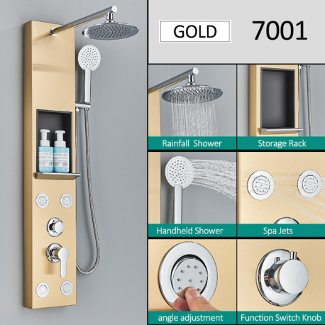 Panel dus, Blackswan, Tip M7001 model auriu cu cap de dus, raft depozitare si functii SPA, dimensiune 111 cm