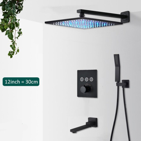 Set baterie dus, Blackswan, Tip M153, model negru mat, cu 3 cai, iluminare LED, termostat si pipa mobila, dimensiune 30 cm