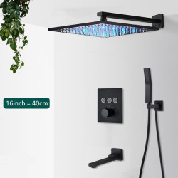 Set baterie dus, Blackswan, Tip M154, model negru mat, cu 3 cai, iluminare LED, termostat si pipa mobila, dimensiune 40 cm