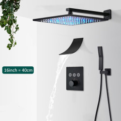 Set baterie dus, Blackswan, Tip M155, model negru mat, cu 3 cai, iluminare LED, termostat si pipa cascada, dimensiune 40 cm