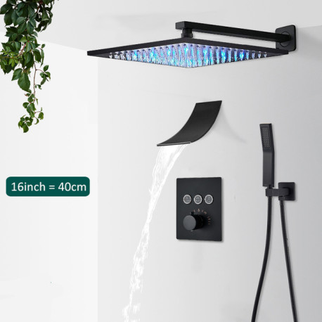 Set baterie dus, Blackswan, Tip M155, model negru mat, cu 3 cai, iluminare LED, termostat si pipa cascada, dimensiune 40 cm