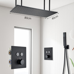 Set baterie dus, Blackswan, Tip M157, model negru mat, cu 2 cai, termostat si montare tavan, dimensiune 80 cm