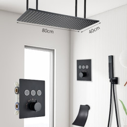 Set baterie dus, Blackswan, Tip M159, model negru mat, cu 3 cai, termostat, pipa cascada si montare tavan, dimensiune 80 cm