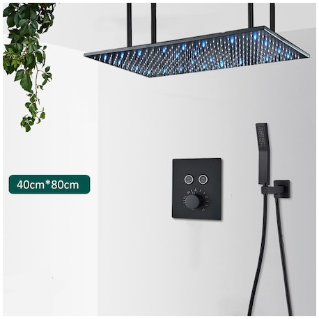 Set baterie dus, Blackswan, Tip M160, model negru mat, cu 2 cai, termostat, iluminare LED si montare tavan, dimensiune 80 cm