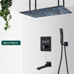 Set baterie dus, Blackswan, Tip M161, model negru mat, cu 3 cai, termostat, iluminare LED, pipa mobila si montare tavan, 80 cm