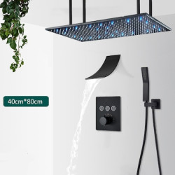 Set baterie dus, Blackswan, Tip M162, model negru, cu 3 cai, termostat, iluminare LED, pipa tip cascada si montare tavan, 80 cm