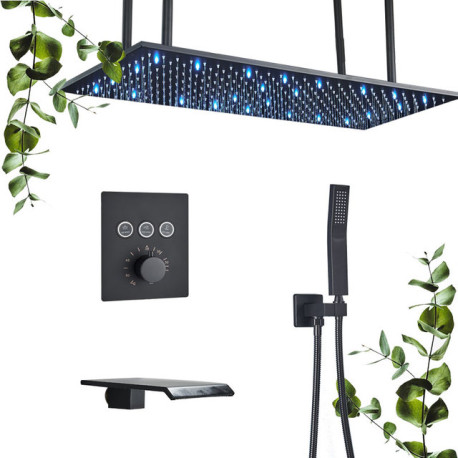 Set baterie dus, Blackswan, Tip M163, model negru mat, cu 3 cai, termostat, iluminare LED, pipa cascada si montare tavan, 80 cm