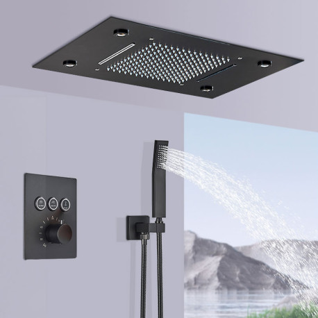 Set baterie dus, Blackswan, Tip M165, model negru mat, cu 2 cai, termostat si iluminare LED, dimensiune 50 cm