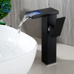 Baterie chiuveta baie, Blackswan, Tip M187, model negru inalt cu pipa tip cascada si LED, dimensiune 24 cm
